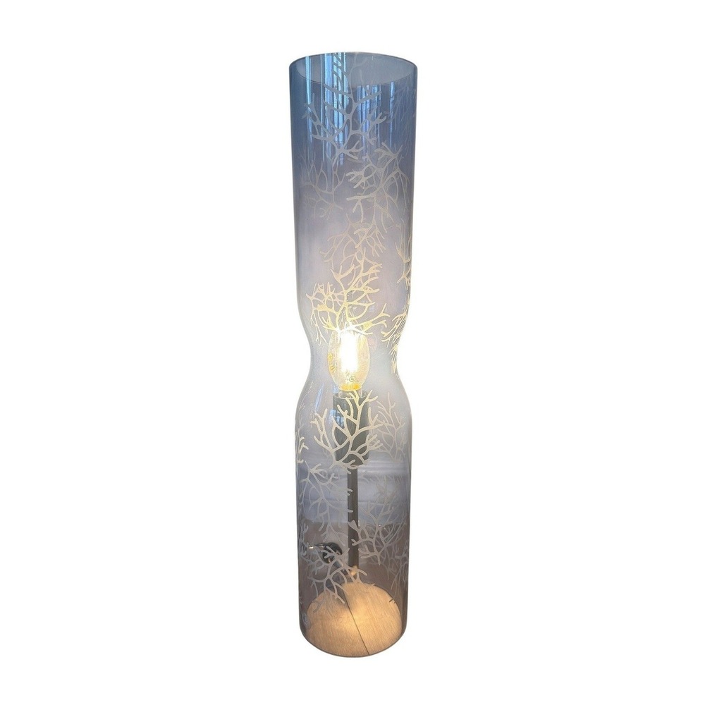 VTG 90's IKEA Smart Cylinder Table Lamp Etched Blue Glass Coral Branches 18"